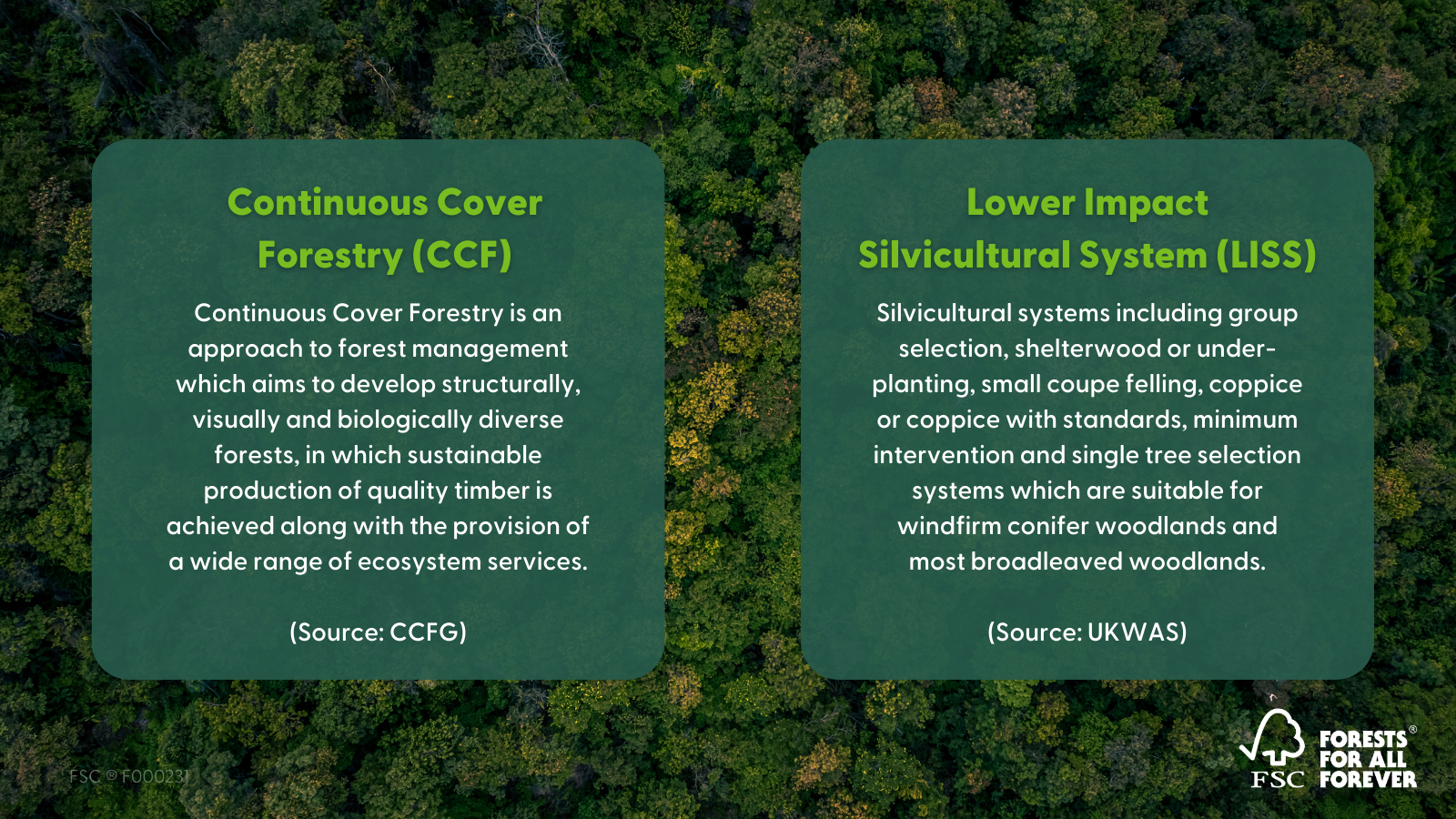 Image with definitions of Continuous Cover Forestry (Continuous Cover Forestry is an approach to forest management which aims to develop structurally, visually and biologically diverse forests, in which sustainable production of quality timber is achieved along with the provision of a wide range of ecosystem services.) and Lower Impact Silvicultural Systems (Silvicultural systems including group selection, shelterwood or under-planting, small coupe felling, coppice or coppice with standards, minimum intervention and single tree selection systems which are suitable for windfirm conifer woodlands and most broadleaved woodlands.)