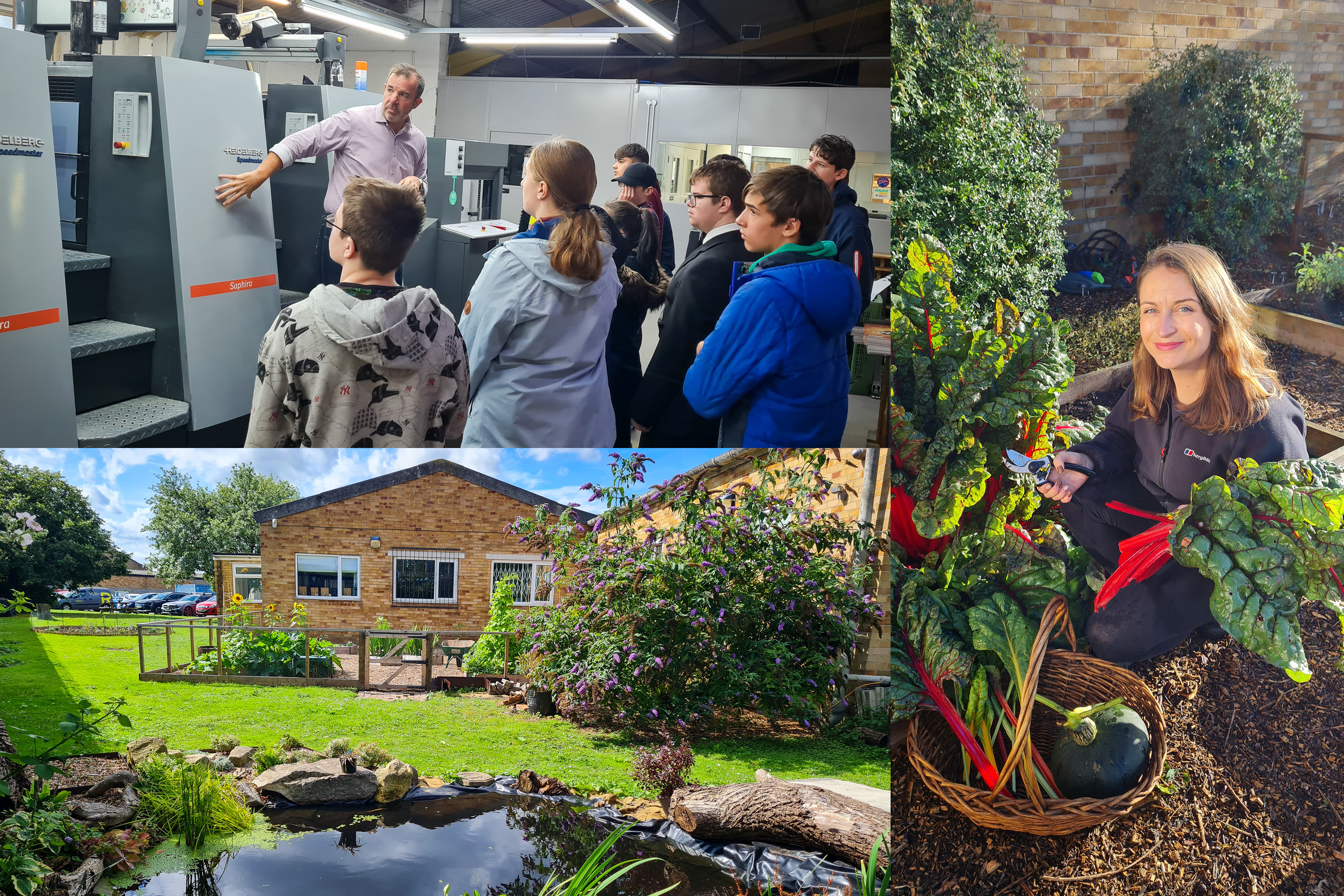 Paul Banton during a tour for local students; the Ruddocks garden and pond; and their gardener, Kirsty Ward.