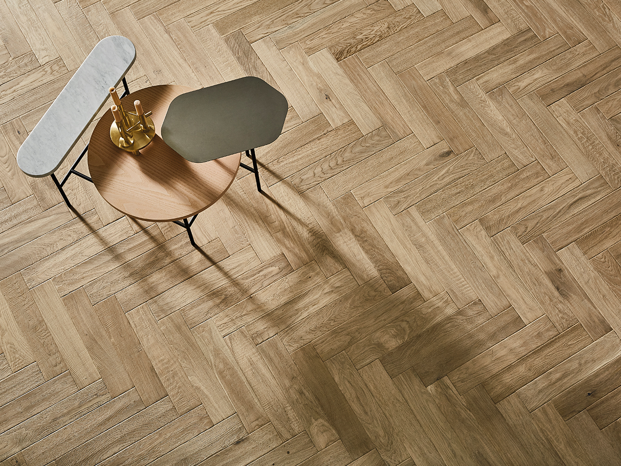 Raw Cotton herringbone, FSC- certified engineered oak floor (c) Ted Todd