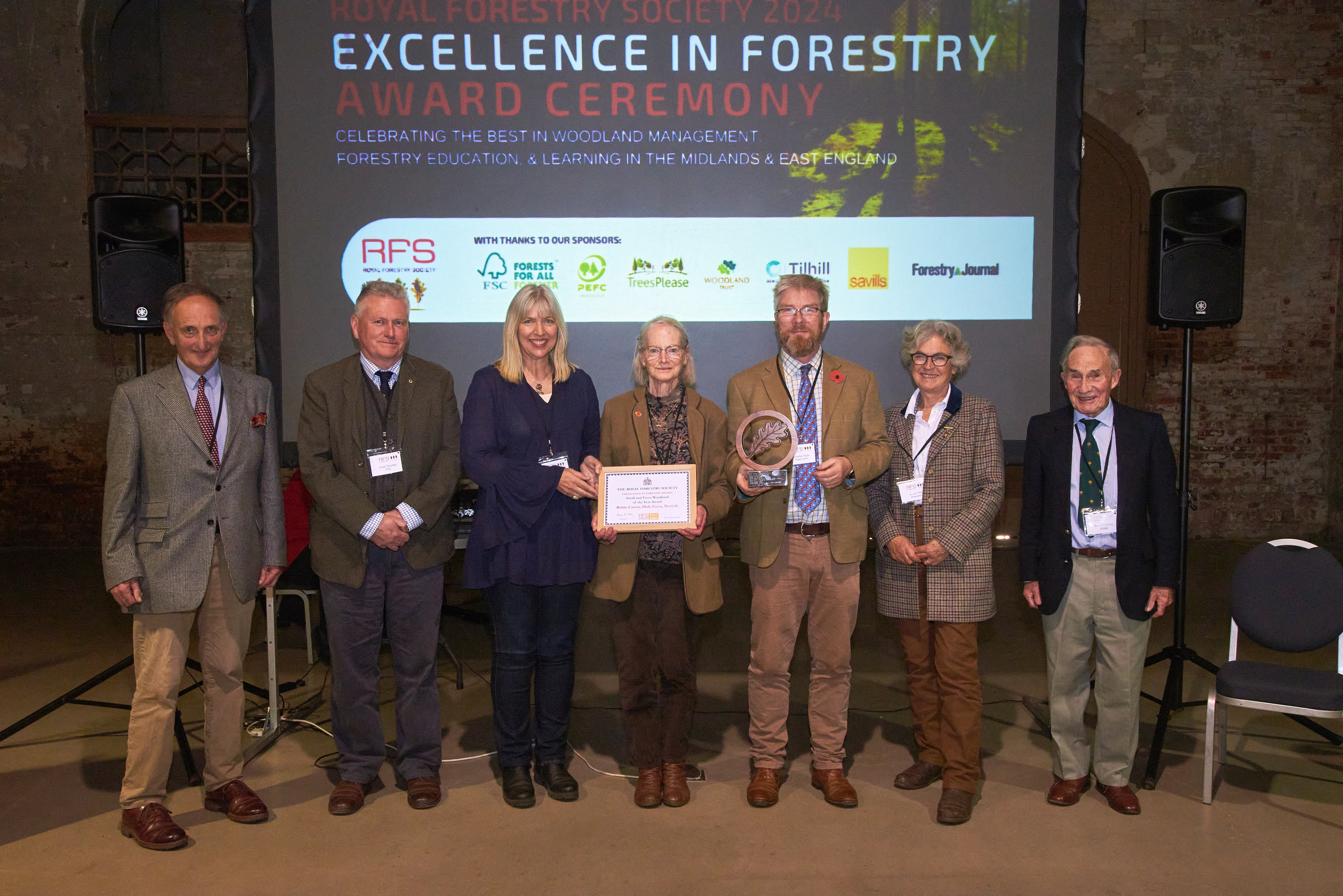 Award winner Hole Farm: family of the late Robin Carver, with judges William Hamer & Martin Fletcher, sponsors Andy Sharkey (FSC), RFS President Alison Field and CEO Christopher Williams.