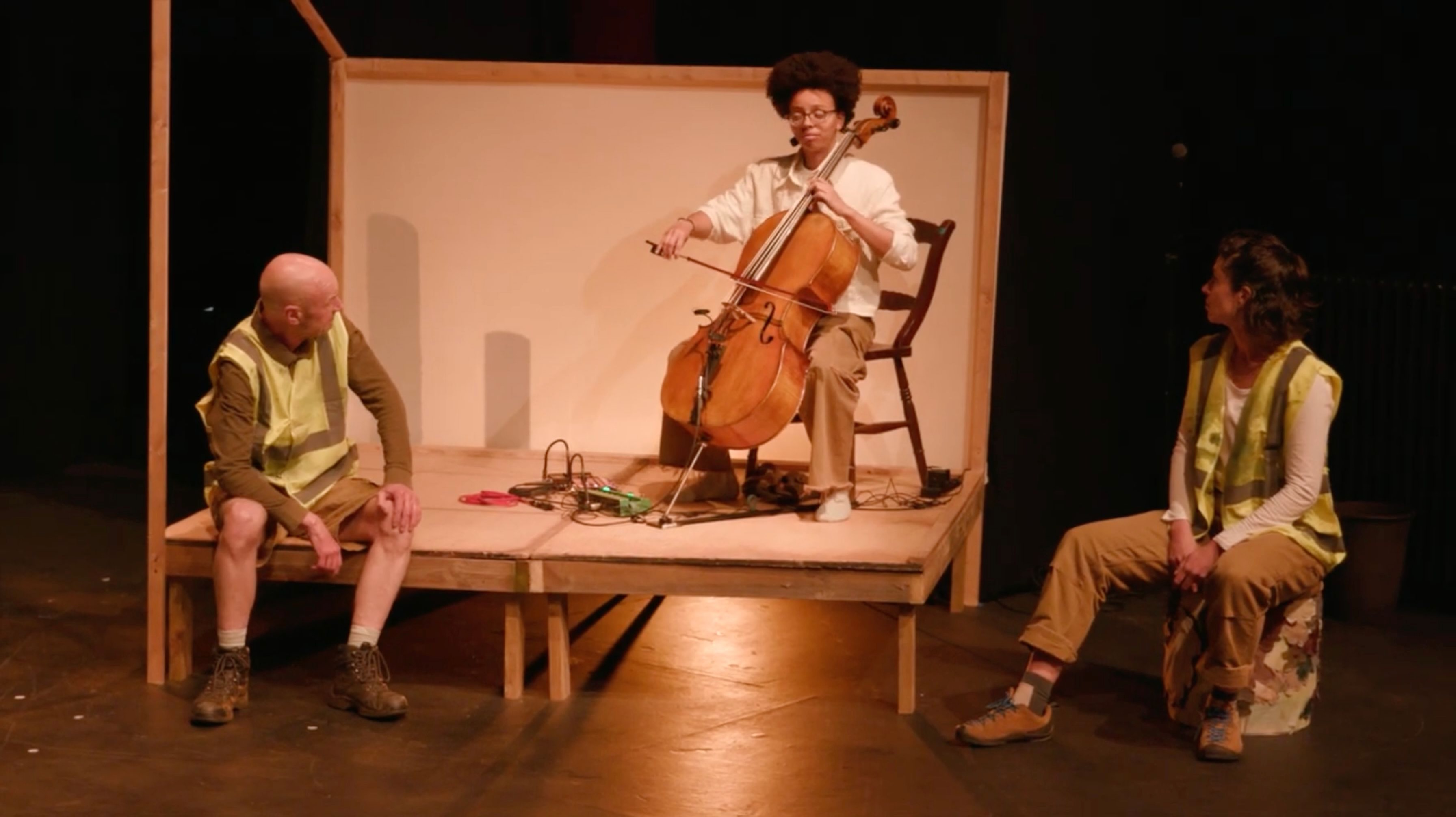Time - composer, cellist and performer Simone Seales with actors Tam Dean Burn and Charlotte Driessler (C) Deirdre Heddon / University of Glasgow