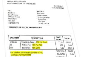 Invoice for FSC-certified products showing FSC claims